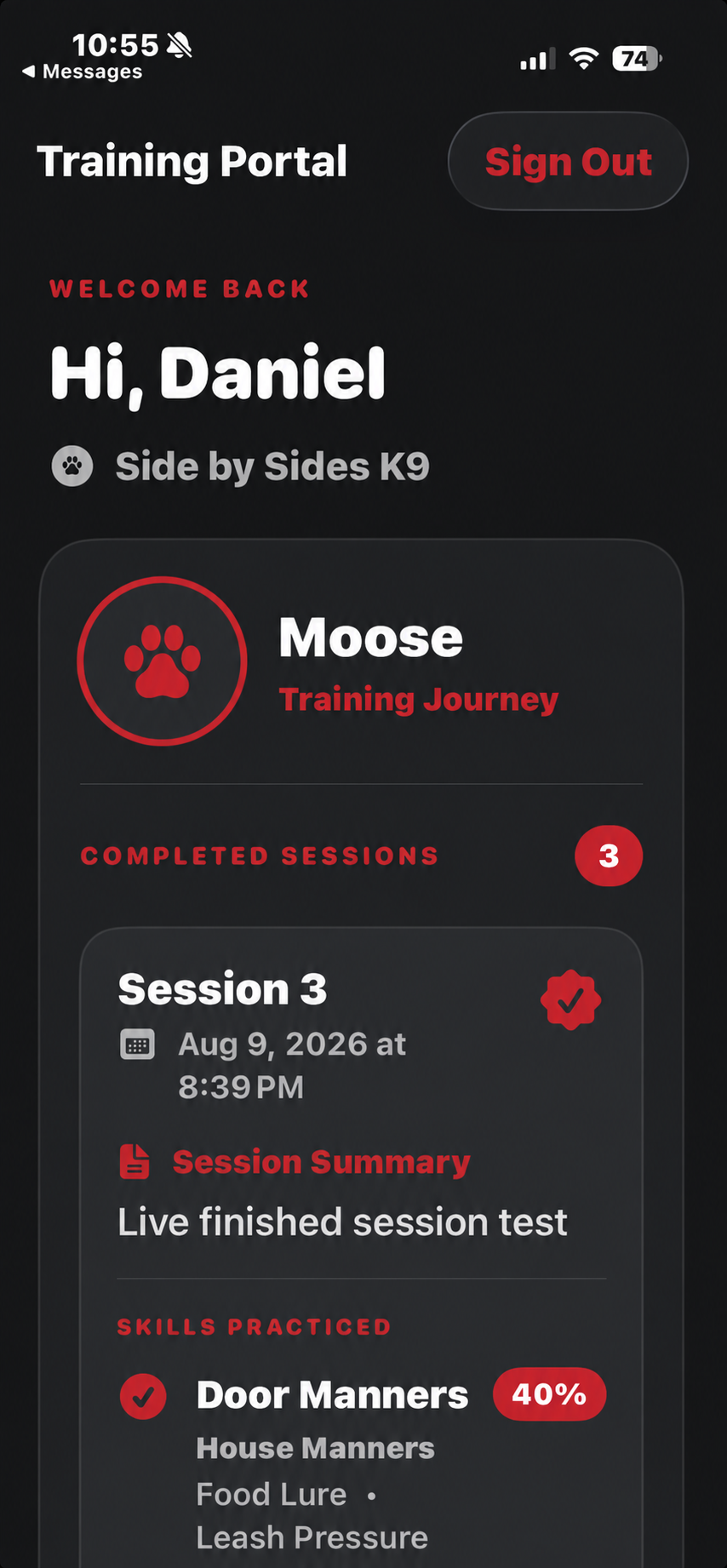 Side by Sides K9 mobile training portal showing completed sessions and practiced skills
